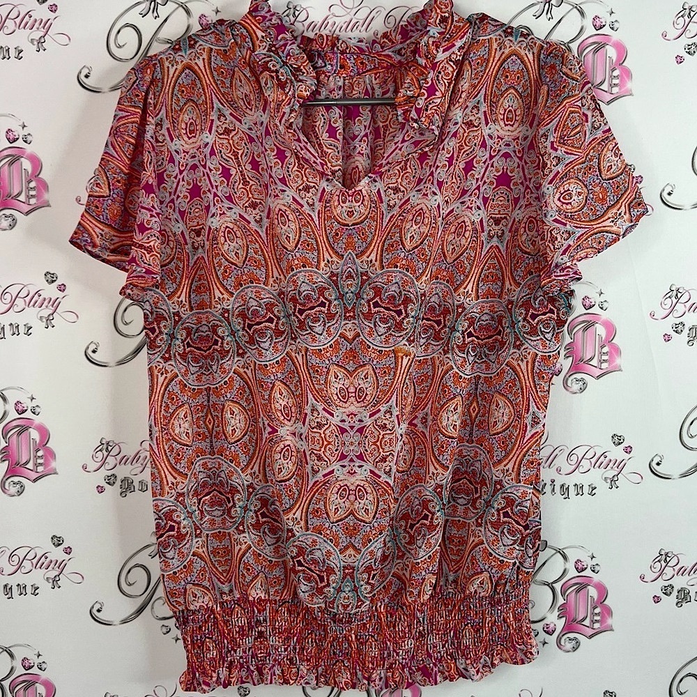 Rose & Olive tshirt tee boho orange pink smocked Multicolor Paisley Blouse